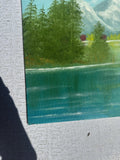 Riverside and Mountains Landscape Painting With Colorful Bushes on Canvas