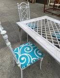 1970s White Wicker Dining Table With Metal Chairs and Blue Accent Cushions