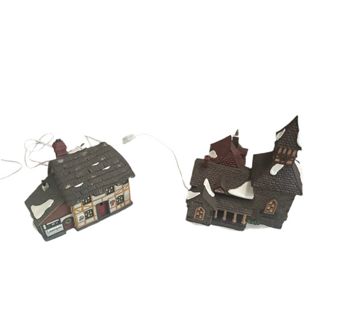 Pair of Christmas Village Ceramic Light Up Houses