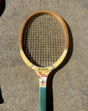 Collection of Vintage Wooden Wilson Tennis Rackets With Cover and Blue and Yellow Accents