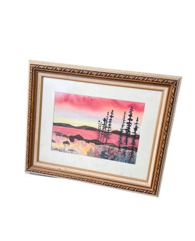 Framed Pink Toned Watercolor Landscape Painting