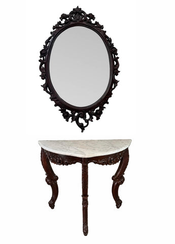 Dark Wooden Oval Mirror and Console Table With Marble Top Pair