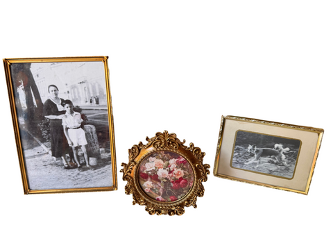 Trio of Vintage Framed Black and White Photos and Flowers