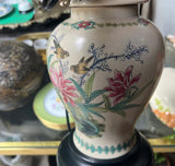 Vintage Hand Painted Floral Table Lamp With Bird Accents- Lampshade Included