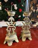 Solid Brass Heavy Chinoiserie Pair of Candle Holders