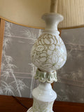 Vintage White Ceramic Table Lamp with Green Floral Accents and Lampshade