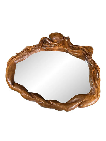 1970s Medium Size Intricate Octopus Hand Carved Wooden Mirror