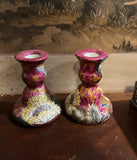 Pair of Dark Pink Floral Ceramic Candlestick Holders