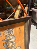 Vintage Orange Asian Painting in Wooden Frame