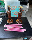 Country Core Pair of Wooden Candleholders and Pink Candles
