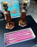 Country Core Pair of Wooden Candleholders and Pink Candles