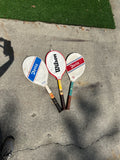 Collection of Vintage Wooden Wilson Tennis Rackets With Cover and Blue and Yellow Accents