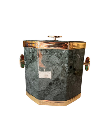 Green Malachite Ice Bucket With Gold Accents and Matching Lid