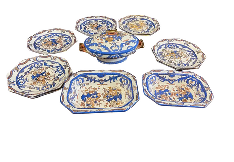 Italian Blue and White Hand Painted Serving Dishes With Gold Accents- Set of 11