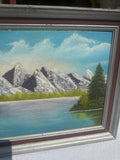 Framed Waterside Mountain Landscape Painting on Canvas, Signed by the Artist