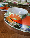 Pair of Orange and Blue Ceramic Plates and Teacups