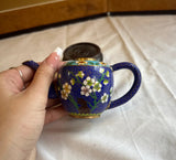 Vintage Blue Cloisonné Floral Teapot With Wooden Stand