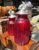 Pair of Red Glass Jars With Silver Bunny Lids