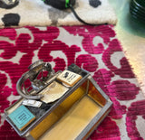 Vintage Amber Glass and Metal Figure Business Card Holder