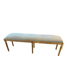 Long Gilded Gold Wooden Bench With a Light Blue Velvet Cushion