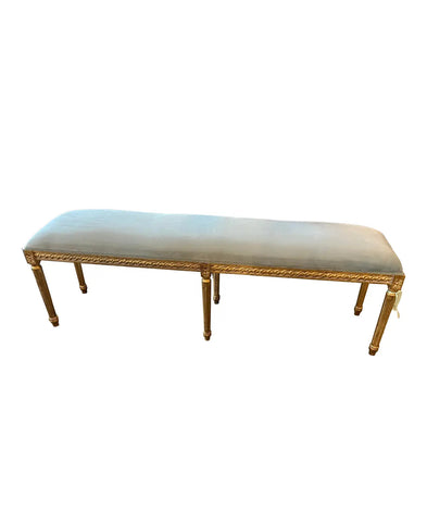 Long Gilded Gold Wooden Bench With a Light Blue Velvet Cushion