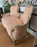 1970s Vintage French Pink Cushioned Settee With White Wooden Detailed Frame