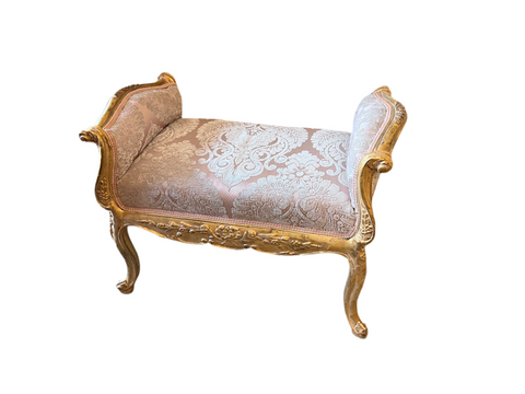 Mid Century Gold Wooden Bench With a Pink Patterned Cushion