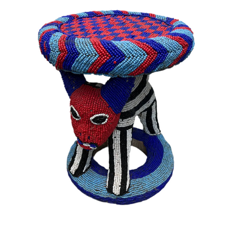 Red and Blue Wooden Hand Beaded African Stool