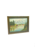 Gold and Green Framed Riverside Painting With Colorful Foliage and Mountains