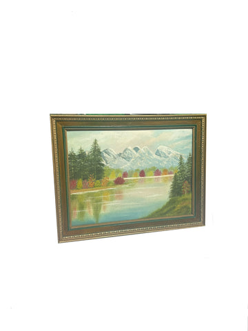 Gold and Green Framed Riverside Painting With Colorful Foliage and Mountains