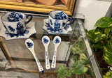 Collection of Blue and White Floral Teacups, Saucers, and Spoons- Set of 7