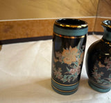 Miniature Vintage Pair of Black Ceramic Asian Style Vases With Floral Accents