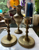 Brass Trio of Desk Accessories Candleholders and Vase