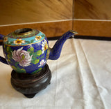 Vintage Blue Cloisonné Floral Teapot With Wooden Stand
