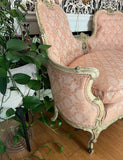 1970s Vintage French Pink Cushioned Settee With White Wooden Detailed Frame