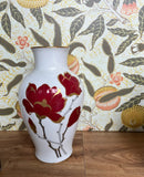 Vintage Ceramic Okura China, Inc White Vase With Red Flowers, Box Included