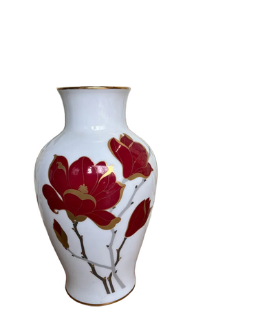 Vintage Ceramic Okura China, Inc White Vase With Red Flowers, Box Included