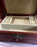 Vintage Asian Style Wooden Green Velvet Lined Jewelry Box With Latch