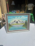 Framed Waterside Mountain Landscape Painting on Canvas, Signed by the Artist
