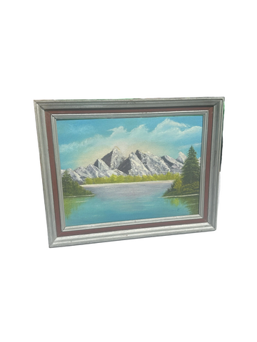 Framed Waterside Mountain Landscape Painting on Canvas, Signed by the Artist