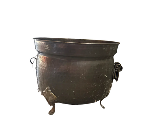 Footed Brass Round Planter With Decorative Handles