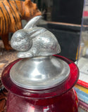 Pair of Red Glass Jars With Silver Bunny Lids