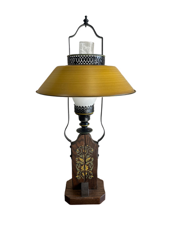 Vintage French Country Yellow Scrolling Table Lamp with Tole Lampshade