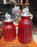 Pair of Red Glass Jars With Silver Bunny Lids