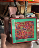 Hand Sewn Colorful Tapestry in Red Frame