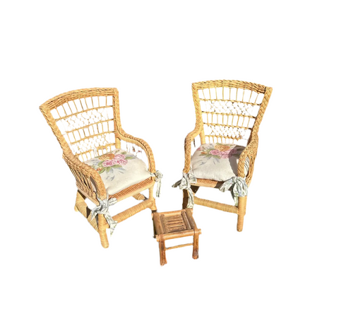 Pair of Miniature Wicker Chairs With Floral Cushions and Matching Ottoman