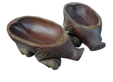1970s Pair of Wooden Hand Carved Pig Catchalls