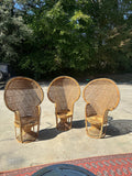 Trio of Wicker Peacock Chairs With Black and White Details