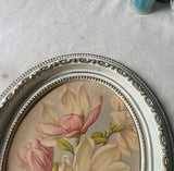 Oval Floral Print in White Wooden Frame Decorative Piece