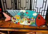 Hand Painted Folk Art Wedding Scene on Wooden Fish Art Piece
